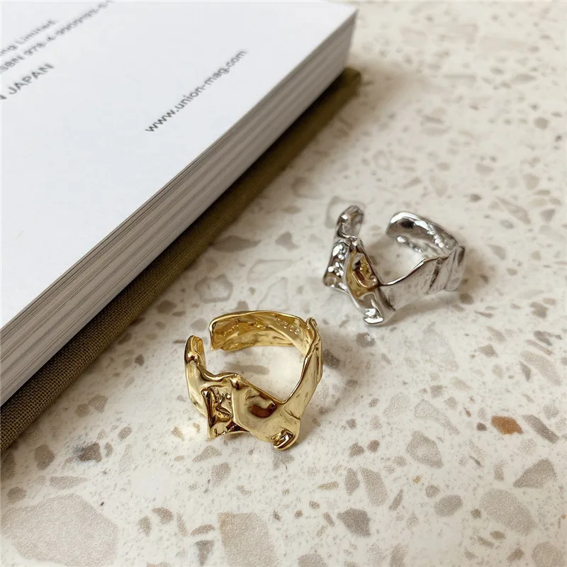

POFUNUO Real 925 Sterling Silver French Style Women Hyperbole Rings Original Design irregular Grain Female Simple Hiphop Rings