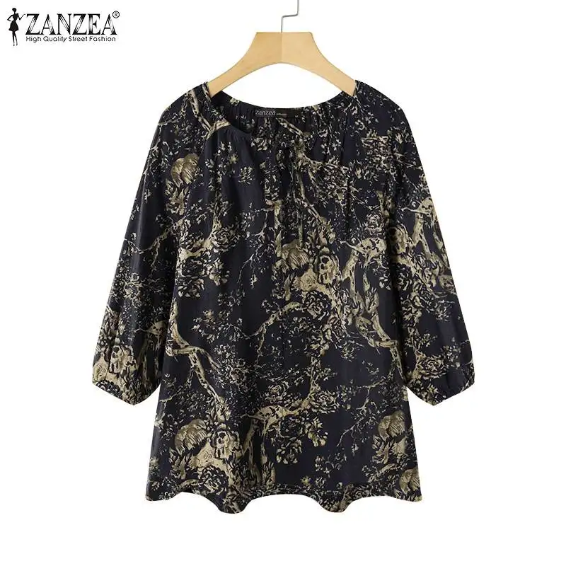 

Striped Printed Women Blouse Shirts ZANZEA 2022 Spring Summer 3/4 Puff Sleeve Tops Oversized Casual Bandage O-neck Blusa Femme 7