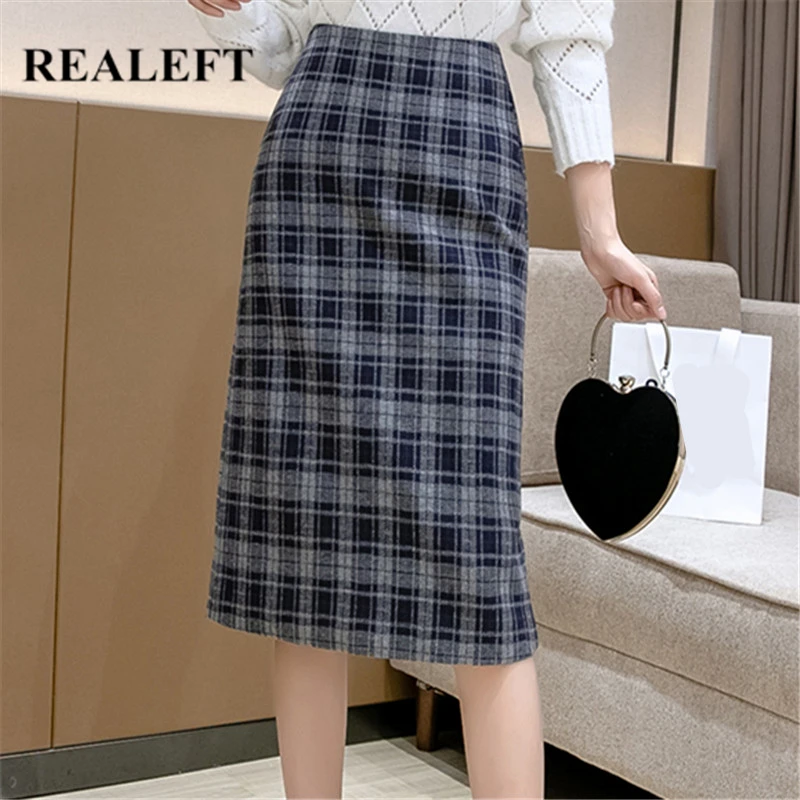 

REALEFT Autumn Winter Vintage Plaid Woolen Women Wrap Skirts 2021 New High Waist Office Back Split Sheath Midi Skirts Female