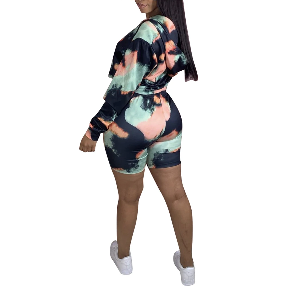 

Tie Dye Fitness Tracksuit Women 2 Piece Sets Long Sleeve Hooded Crop Top and Elastic Waist Biker Shorts Lounge Wear Fall Outfits