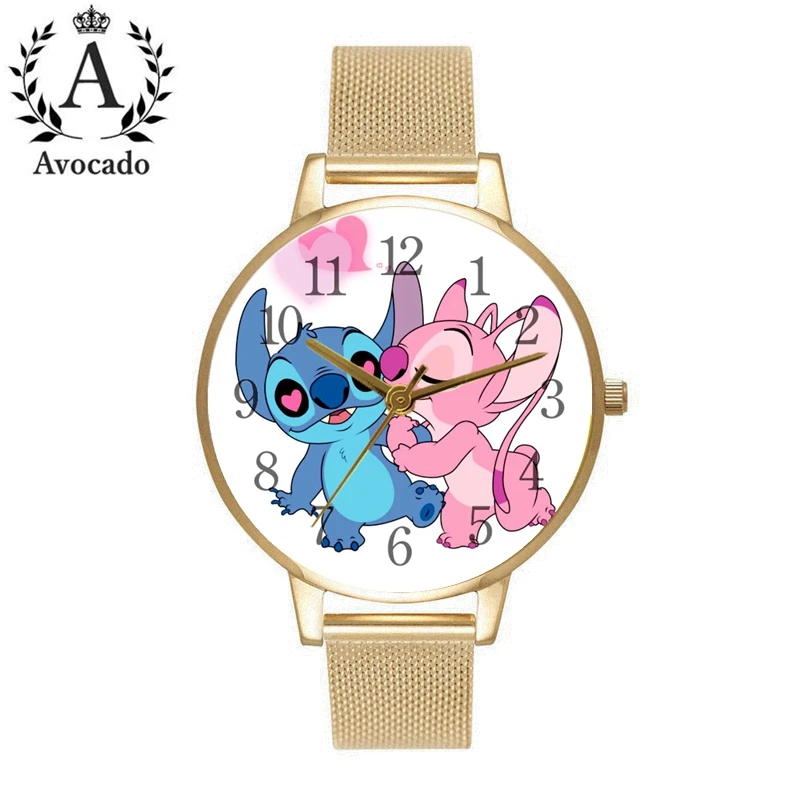 Часы Lilo& Stitch, золотые женские часы из нержавеющей стали, модные повседневные женские детские кварцевые наручные часы, Мультяшные часы