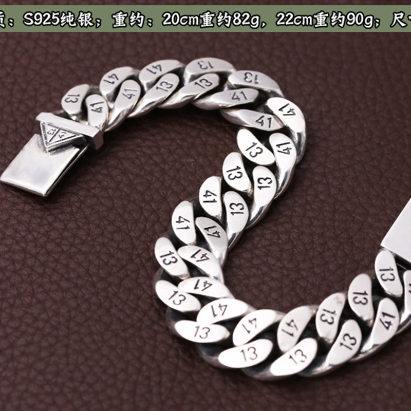 

Pure 925 Sterling Silver Men's Bracelet Wide 16mm Triangle socket Lock High Polish Link Chain Male Biker Silver 1314 Bracelet