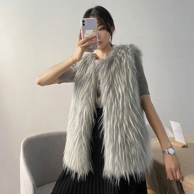 Women's White Fashion Furry Faux Fur Vest Coat Casual Waistcoat Female Sleeveless Outerwear Loose Faux Fur Coat Overcoat Vest F1