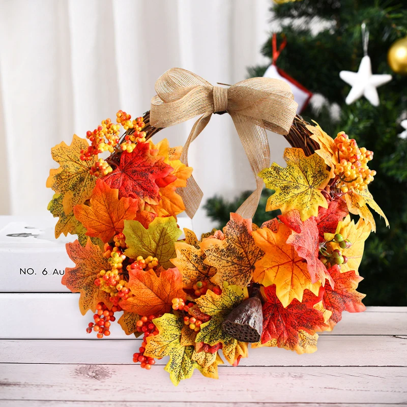 

Fall Maple Leaf Wreath Front Door Hanging Ornament Realistic Garland Thanksgiving Party Festival Decor B1
