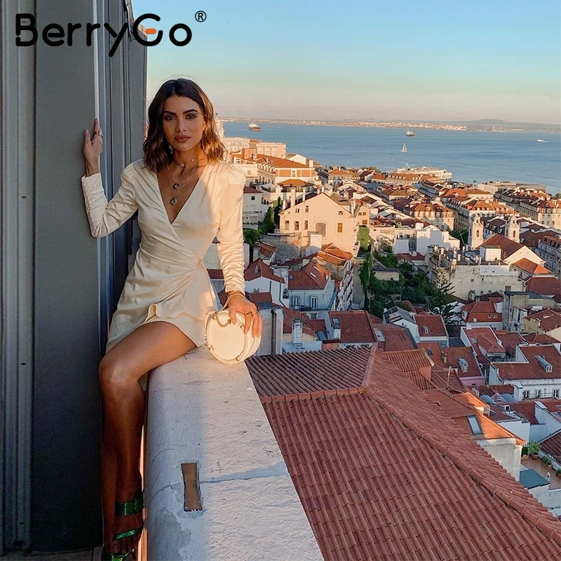 BerryGo элегантное сатиновое зимнее платье с v-образным вырезом женское вечернее