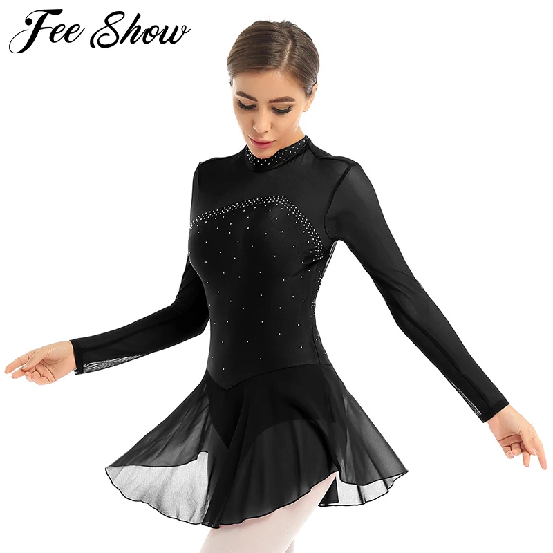 Женское Сетчатое трико для гимнастики с длинными рукавами блестящие стразы