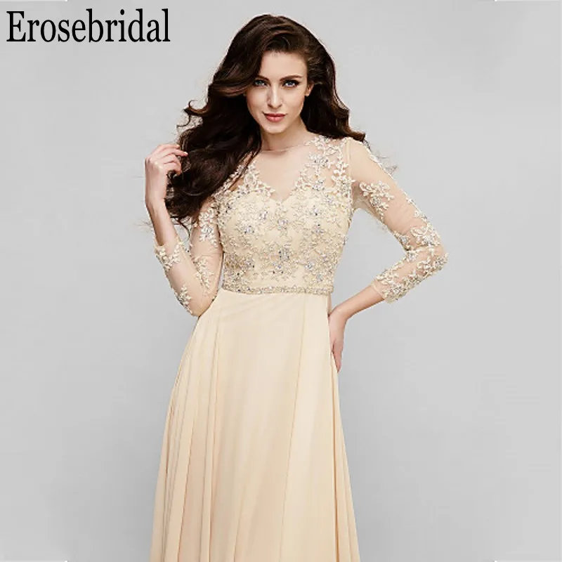 Женское вечернее платье с длинным рукавом Erosebridal длинное шифоновое цвета шампань