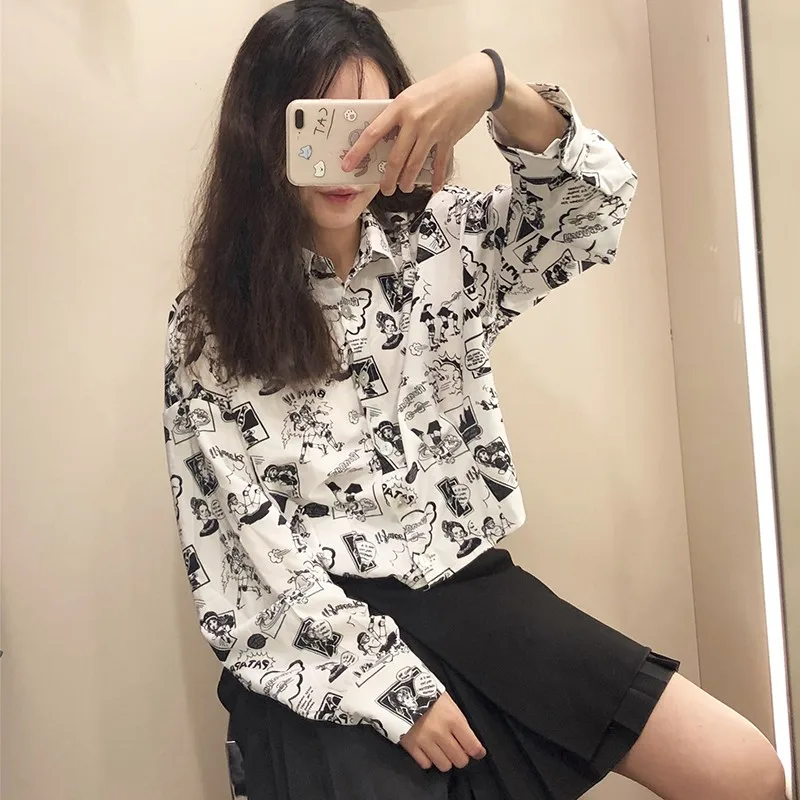 Women Shirt Loose Japanese Harajuku Printed Long Sleeve Blouse Chic Vintage Autumn Tops And Blouses 2020