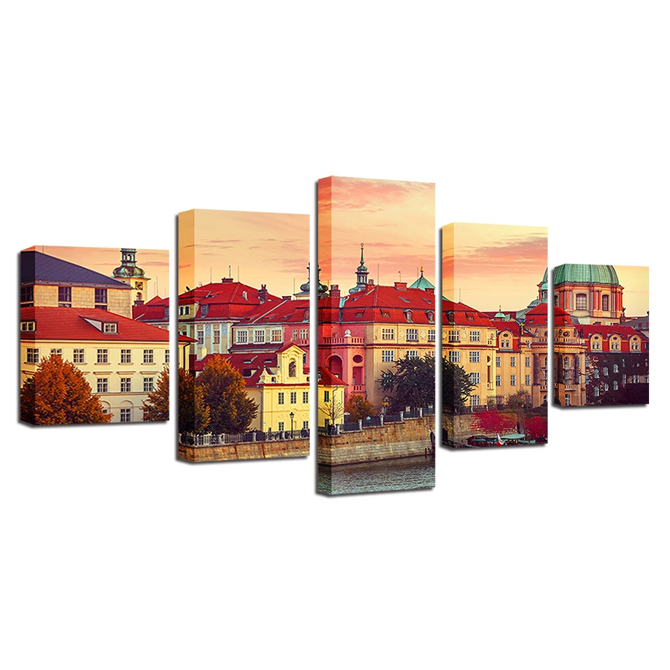 

Wall Art Painting HD Printing Decor Living Room 5 Pieces European Building Beautiful Landscape Canvas Pictures Modular Framework