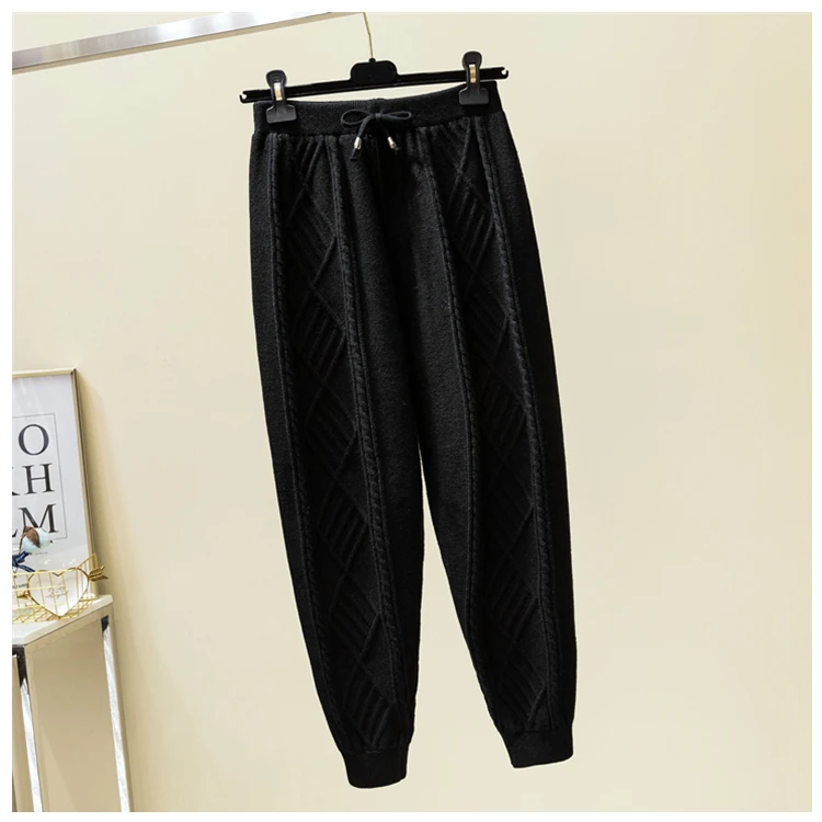 

European qiu dong the cargo for women show thin diamond hemp pattern of tall waist elastic waist pull rope with thick knit pants