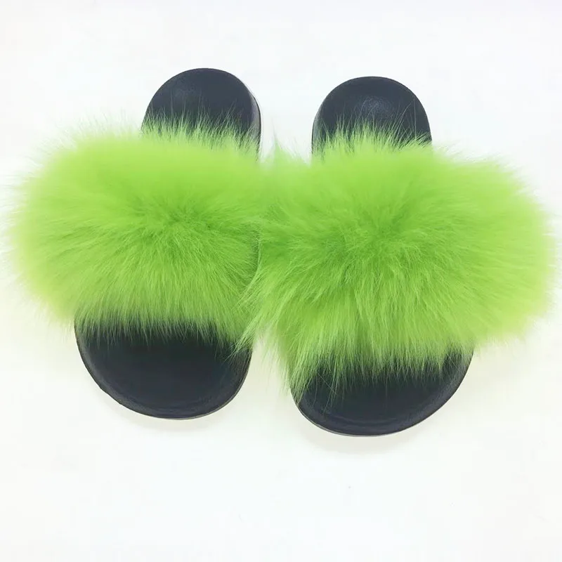 Light Green Женские модные шлепанцы из натурального меха енота; женские шлепанцы; Летние вьетнамки; унисекс; повседневные Модные босоножки с лисьим мехом; модная плюшевая обувь - Цвет: Light Green