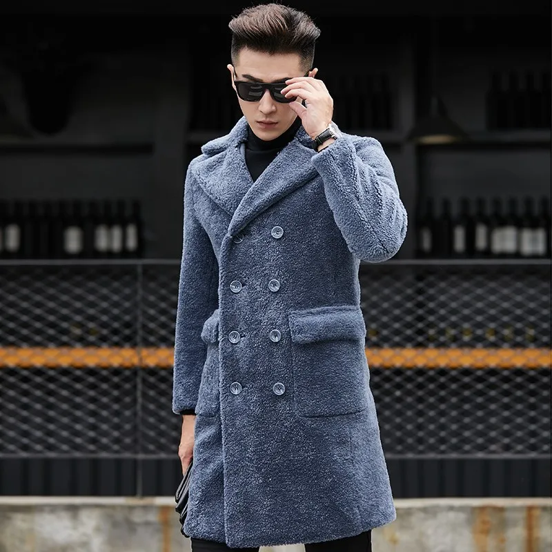 Зимняя мужская двубортная длинная куртка из натурального меха приталенное