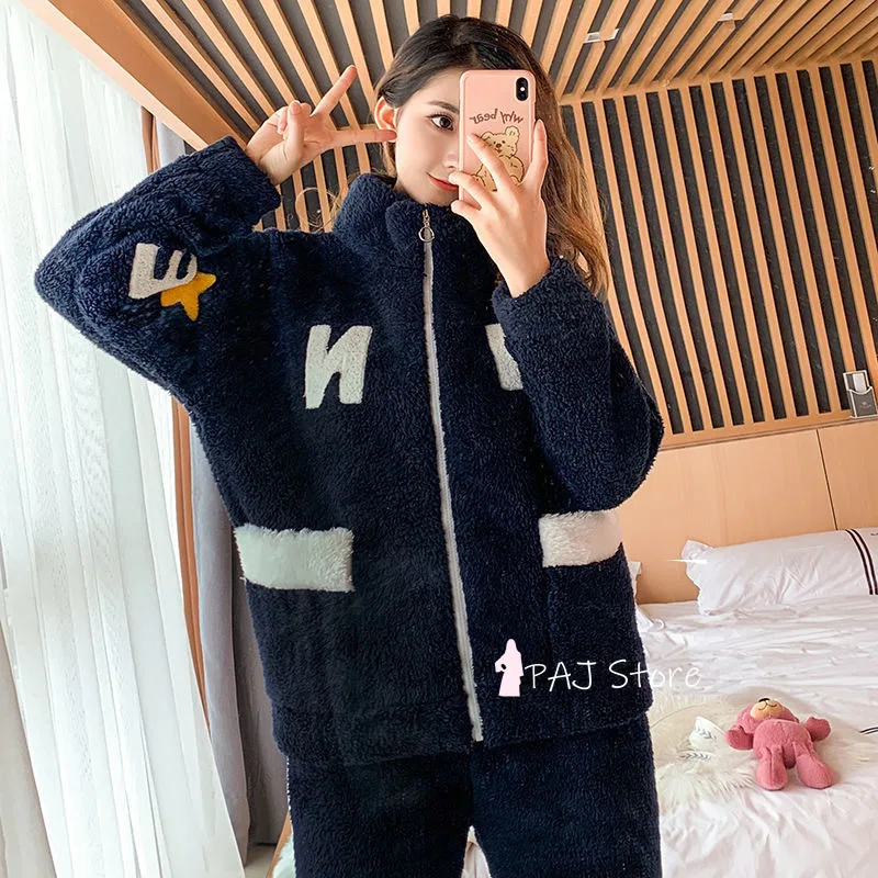 Женская Фланелевая пижама с капюшоном Теплый Бархатный пижамный комплект зима