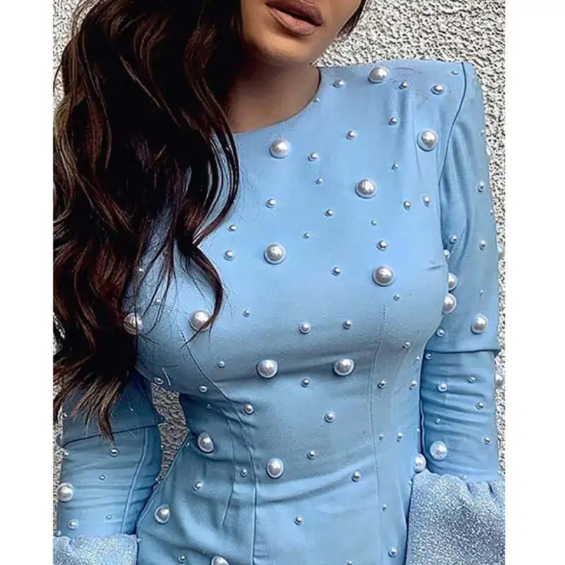 Женское платье с жемчужинами и бусинами синие вечерние мини-платья длинным