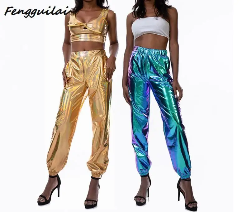 

FENGGUILAI Sexy Auntumn Pants Slacks For Women Joggers For Women With Side Pockets Loose Reflective Pants New Hip Hop 2019 New