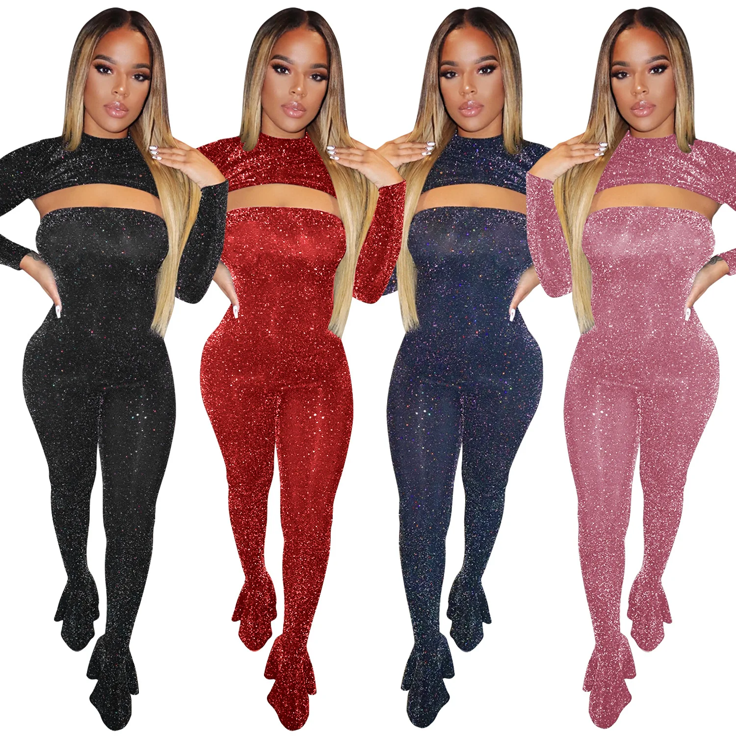 Sparkling Rompers Solid Sexy Shining Christmas Two Piece Set Long Sleeve Cape Strapless Top Flare Pants Jumpsuit Night Club Suit