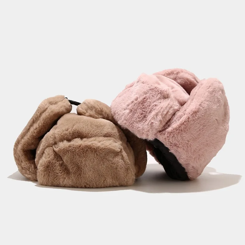 NEW Warm Faux Rabbit Fur Hats Women Winter Bomber Hat With Ear Flap Ski Cap Men Pilot Trapper Trooper Hat Outdoor Bomber Muts men's bomber hats