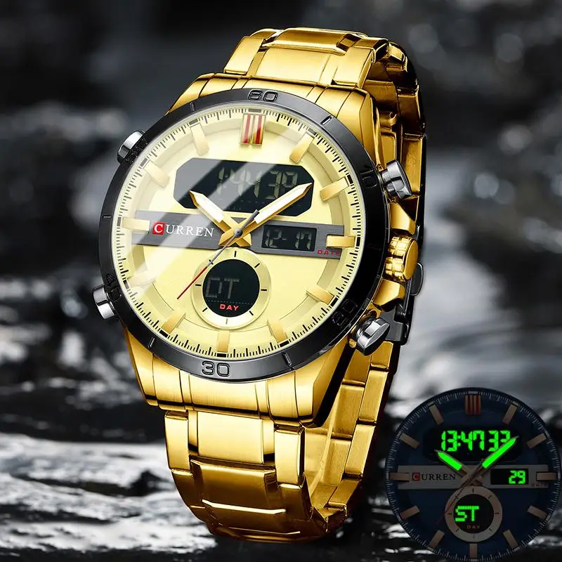 Curren Fashion Sport Gold Men's Digital Watches Stainless Steel Chronograph Luminou Wristwatch Led Male Wrist Watch for Men |