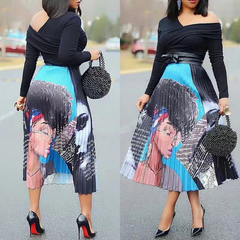 X Fashion Skirts Womens Cartoon Explosion Head Beauty Print Pleated Skirt High Waist Personality Maxi Elastic A-line | Женская одежда