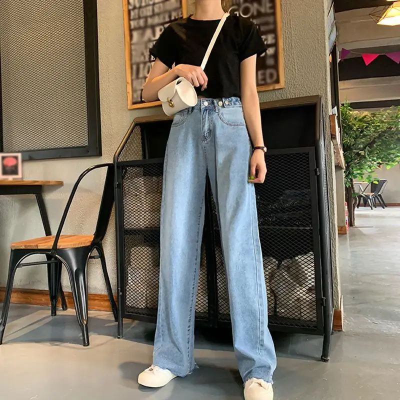 

2020Women Pants High Waist Drop Jeans Wide Leg Loose Straight Pants Summer Ladies Sty Blue Demin Trousers
