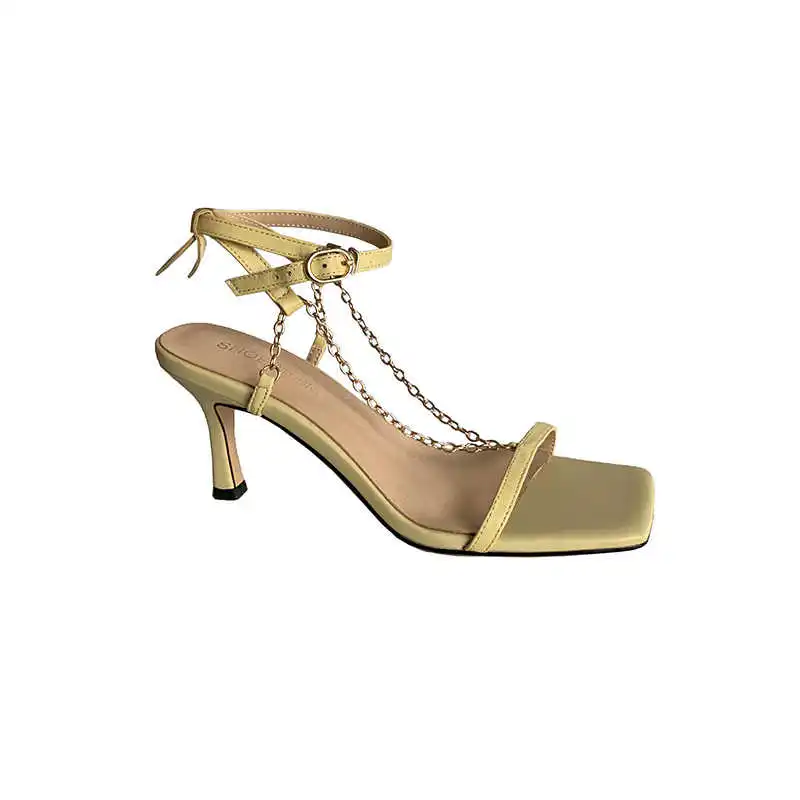 

2021 summer new style square chain sandals fairy fashion one line Roman fashion sandals thin heel high heels