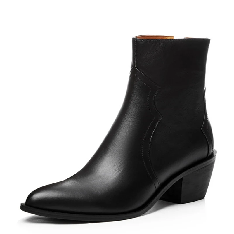 

FOREADA Natural Genuine Leather Mid Calf Boots Women Med Heel Boots Zip Chunky Heel Shoes Pointed Toe Female Short Boots Autumn