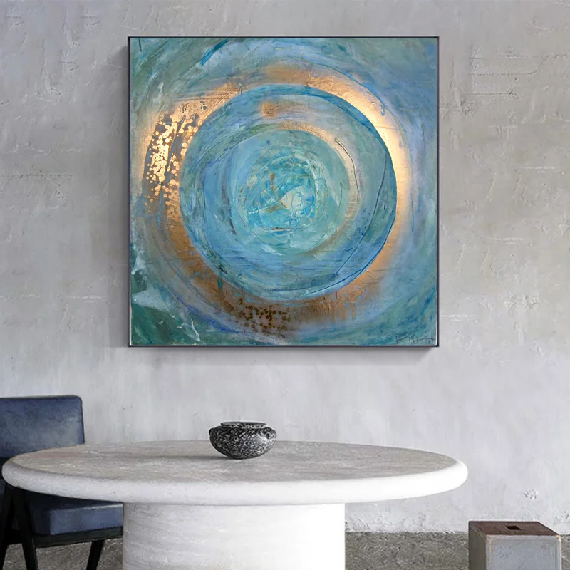 

Golden Circles Modern Contemporary Abstract Oil Painting On Blue Canvas Wall Art Pictures For Living Room Home Decor Poster