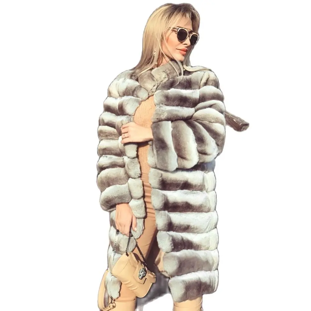 Long Real Rex Rabbit Fur Coat Stand Collar 2021 Winter New Full Pelt Genuine Rex Rabbit Fur Coats Female Thick Warm Fur Overcoat enlarge