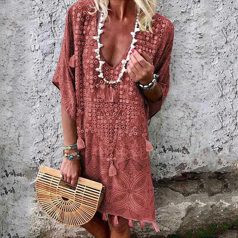 Женское богемное хлопковое льняное платье с коротким рукавом Свободный