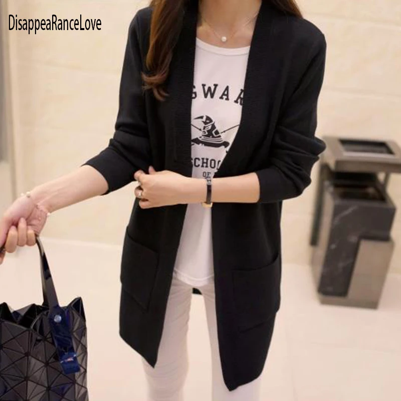 Женский кардиган средней длины элегантный вязаный свитер с карманами накидка