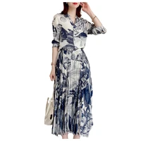 womens spring summer long dress 2022 new large size blue white porcelain dress printing slim dress long sleeves dress