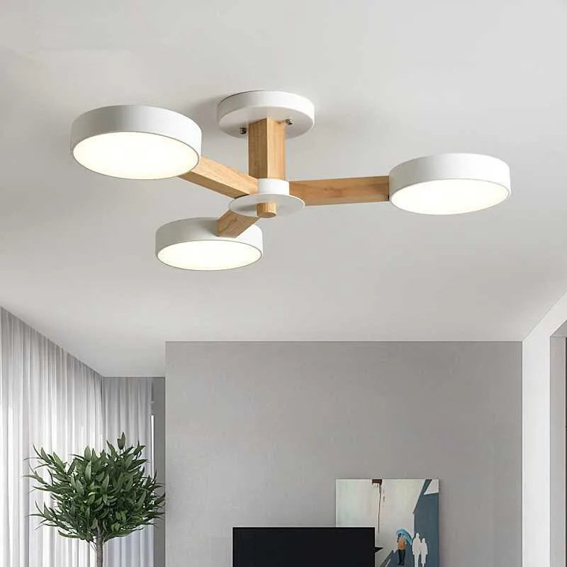 

220V 110V Ceiling Chandelier For Living Room Modern White Round Lustre Wooden Bedroom Lights Surface Mounted Indoor Lamps