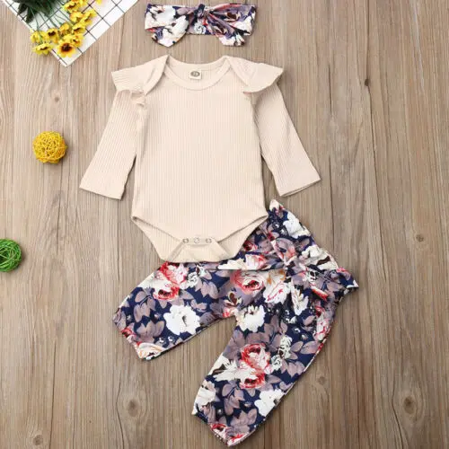 

2020 Newborn Baby Girl Floral Outfit Romper Print Pants Long Sleeve Cotton Breathable Jumpsuit Headband Pure Color Clothes 0-18M