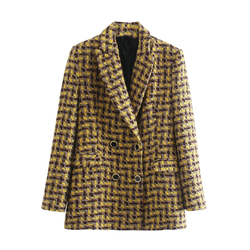 

ZXQJ Women Yellow Plaid Tweed Blazer 2021 Autumn Fashion Office Ladies Double Breasted Suit Jacket Female Textured Formal Wear
