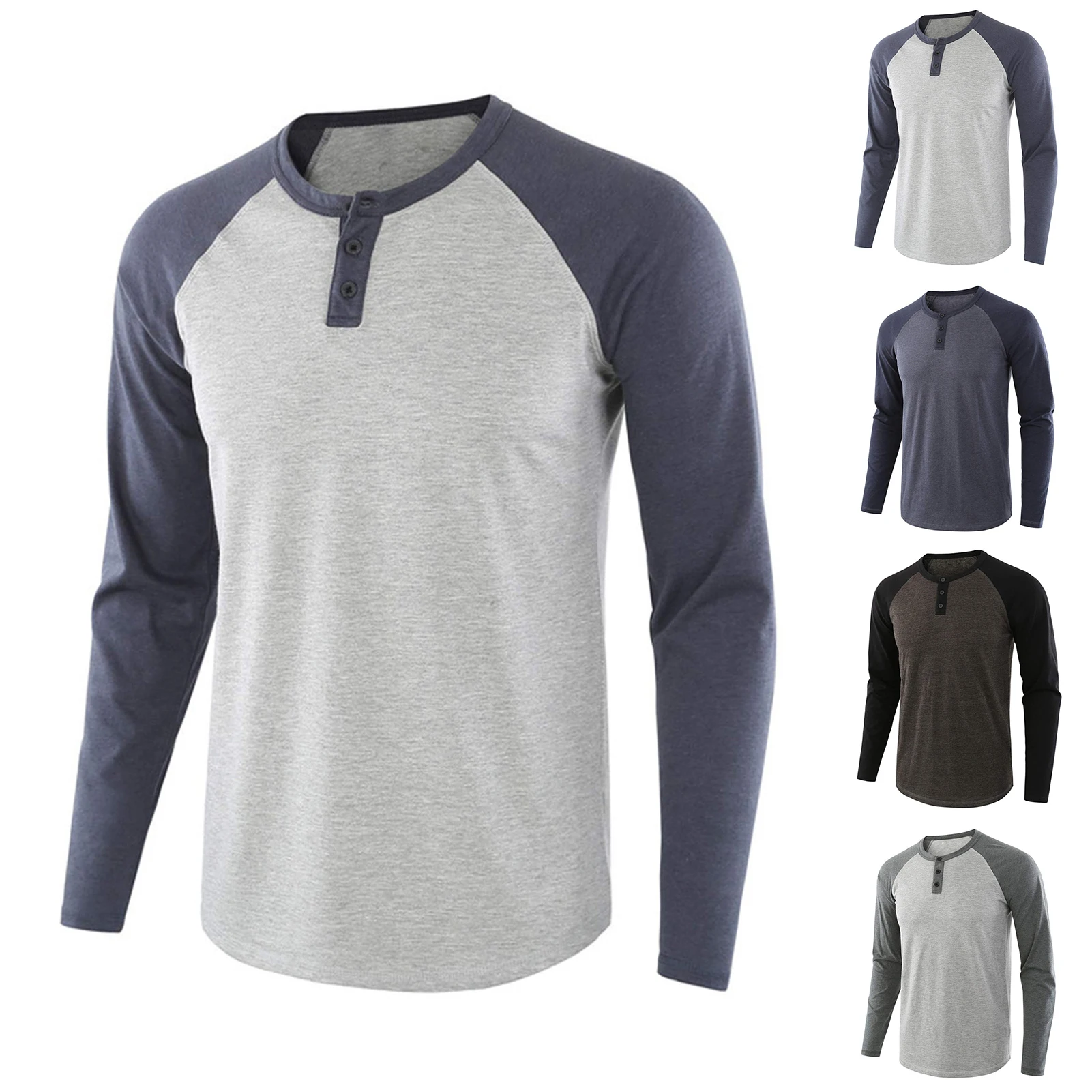 Casual Men Pullover Sweatshirt Autumn O Neck Long Raglan Sleeve Color Block Buttons Hoodie Tops Men's Clothing Футболка