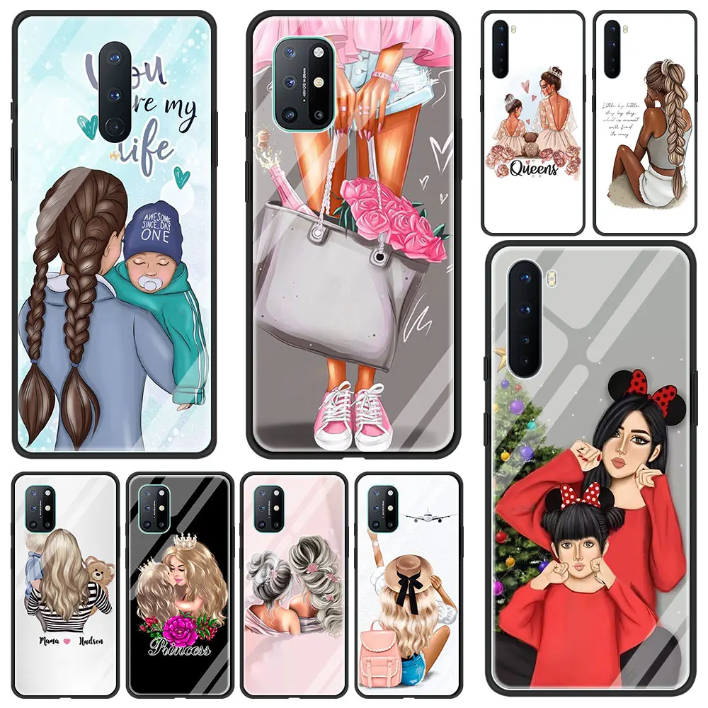 

Soft Edge Cover Coque for Oneplus 9 PRO 9R 7 7T Pro 8 8T Pro Nord 5G Luxury Glass Phone Case Shell Baby Mama Super Mom Girl