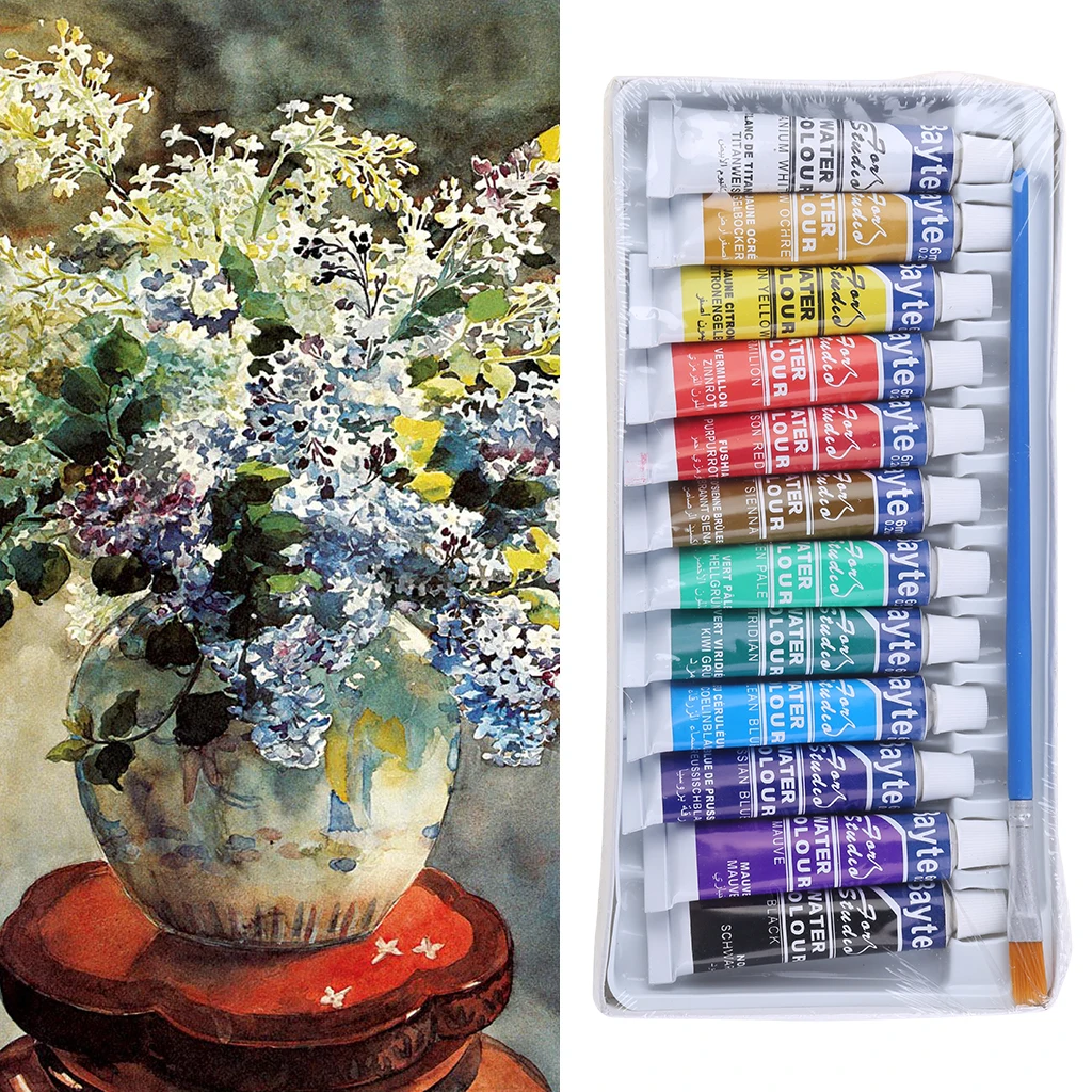 12 Colors Tubes 6ml Paint Tube Drawing Painting Watercolor Pigment Set With Brush Art Supplies | Канцтовары для офиса и дома