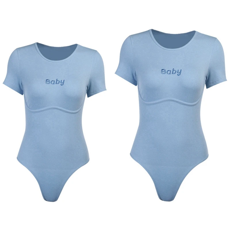 

2X вышитый однотонный базовый летний Боди для фитнеса женский боди с коротким рукавом комбинации женский комбинезон Синий Размер S & M