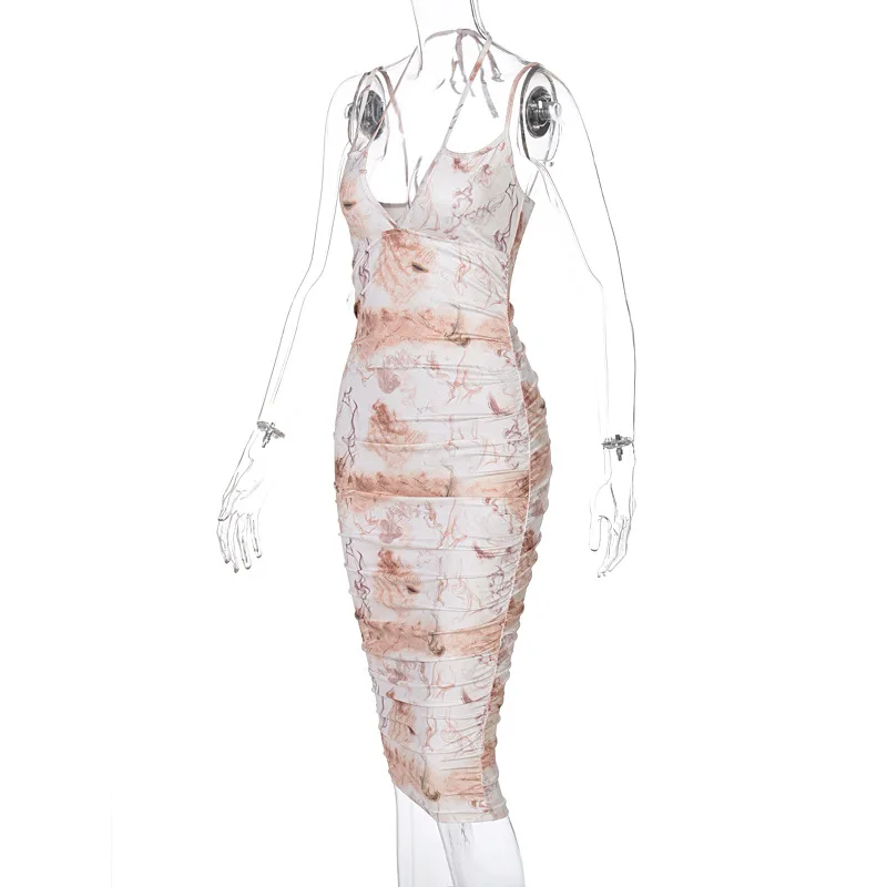 

Europe and the United States 2021 new spring and summer style hanging neck temperament commuter printing suspender dress