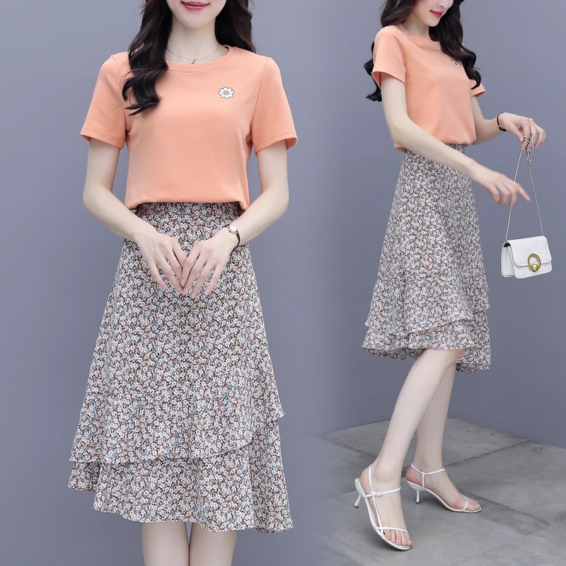 

Summer women's suit fashion chiffon skirt two-piece set pastel ensemble femme survetement year-old female costume