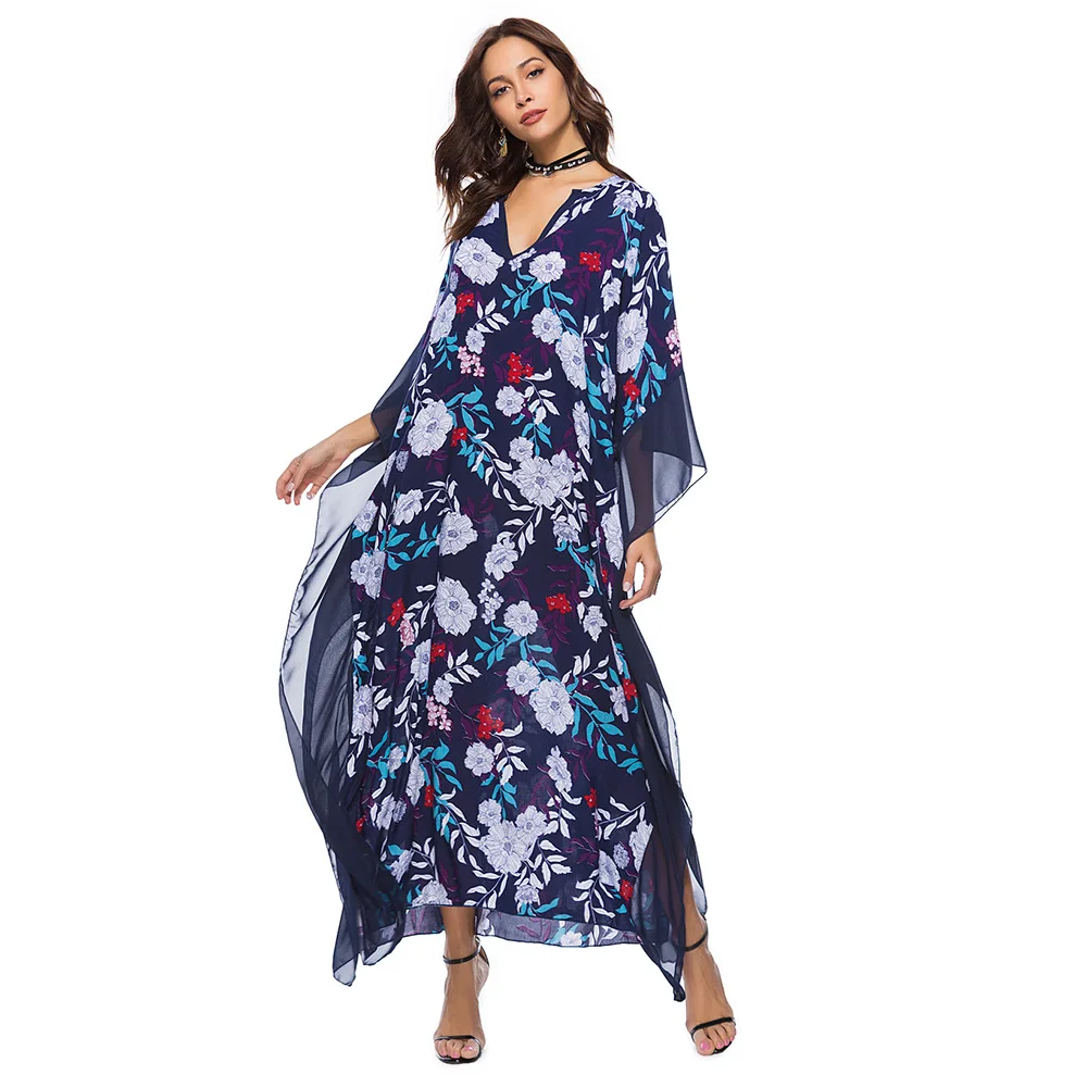 

New women's V-neck bat sleeve Printed Dress in spring 2019