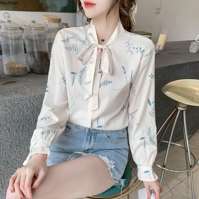 

Houthion Silk Women's Blouses Long Sleeve Top Chiffon Shirt Fashion Printed New Korean Loose Casual Blouse Bow Full