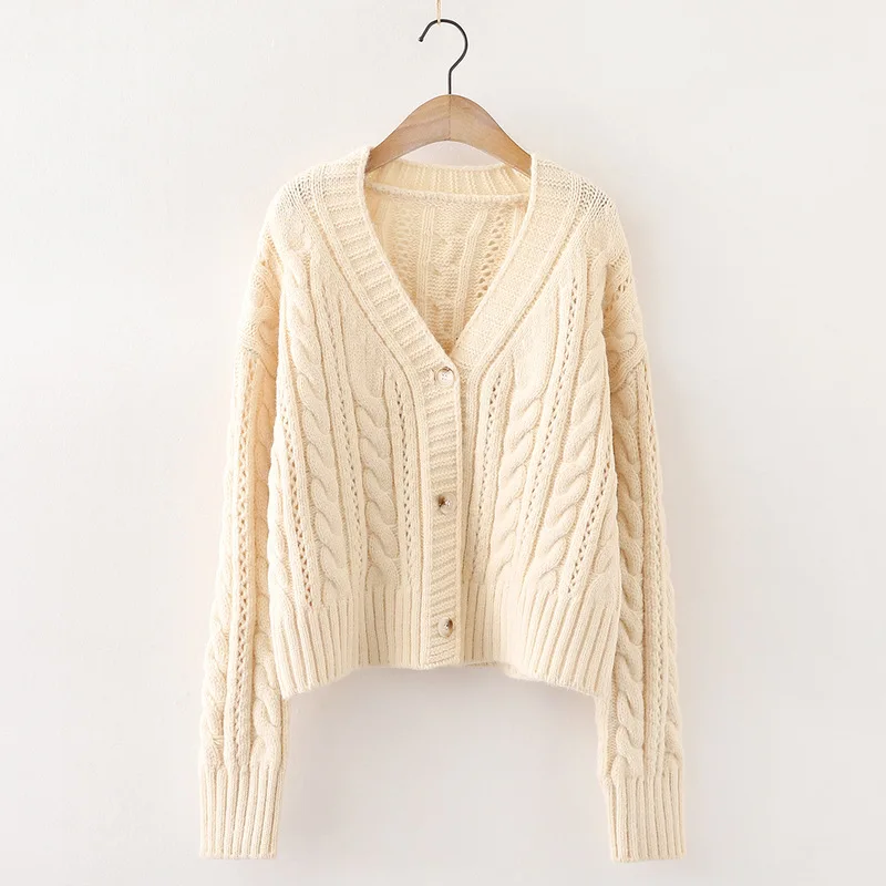 

Autumn Winter Women's Sweaters Korean Lazy Wind Chic V Neck Single Breasted Hollow Out Twist Knitted Cardigans Elegant Tops