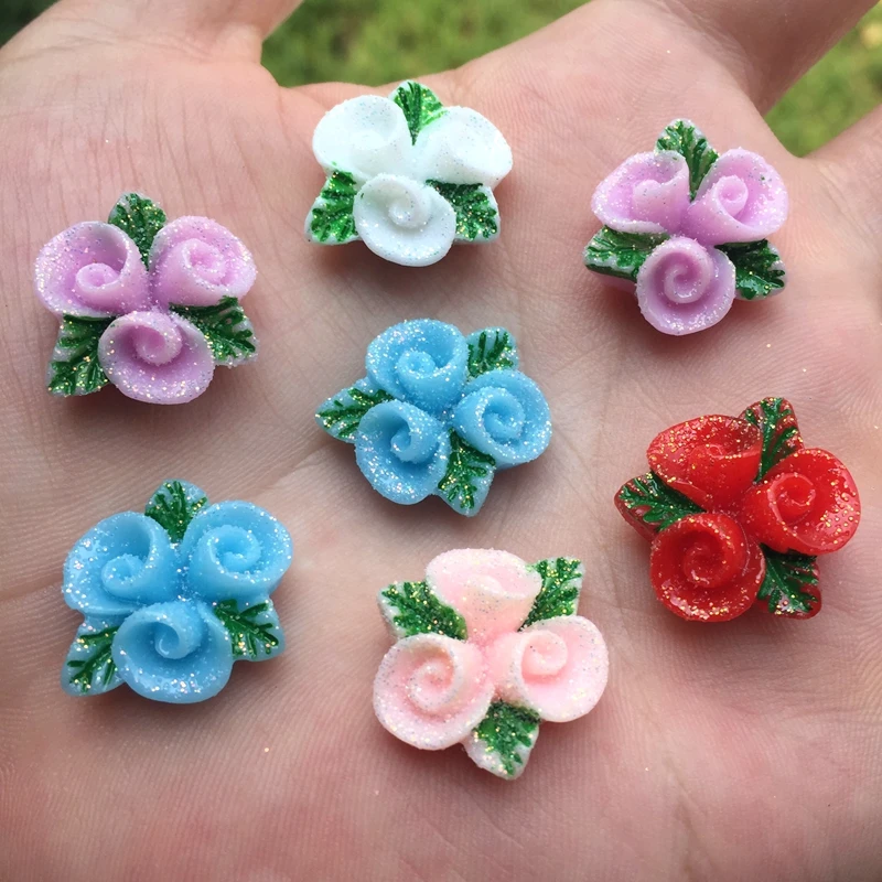 Кавайный цветок из смолы 20 шт. мм с блестящей пудрой Стразы плоским основанием