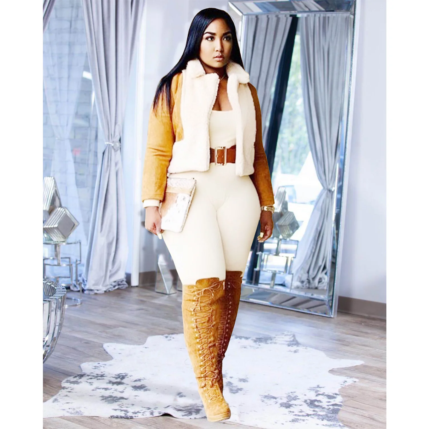 

PLSW Outwear Winter streetwear Fashion Solid Suede Warm Women Parkas