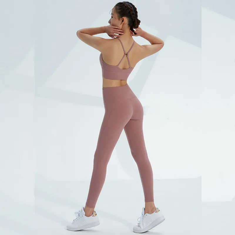

Yoga Set Women Thin Shoulder Straps Buckle Design Fitness Shockproof Sports Bra & High Waist Leggings 2 Pcs Running Sports Suits