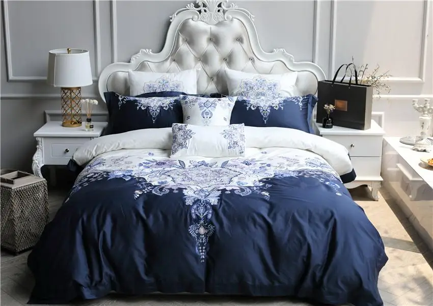 

4/7Pcs White Blue 100S Egyptian Cotton Luxury Royal Bedding Set Oriental Embroidery Queen King size Duvet Cover Bed sheet set