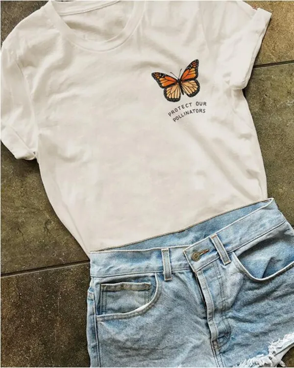 

Women Protect Our Pollinators Butterfly Letters Floral Funny Tee Summer Short Sleeve Hipster White Casual Top T-Shirt
