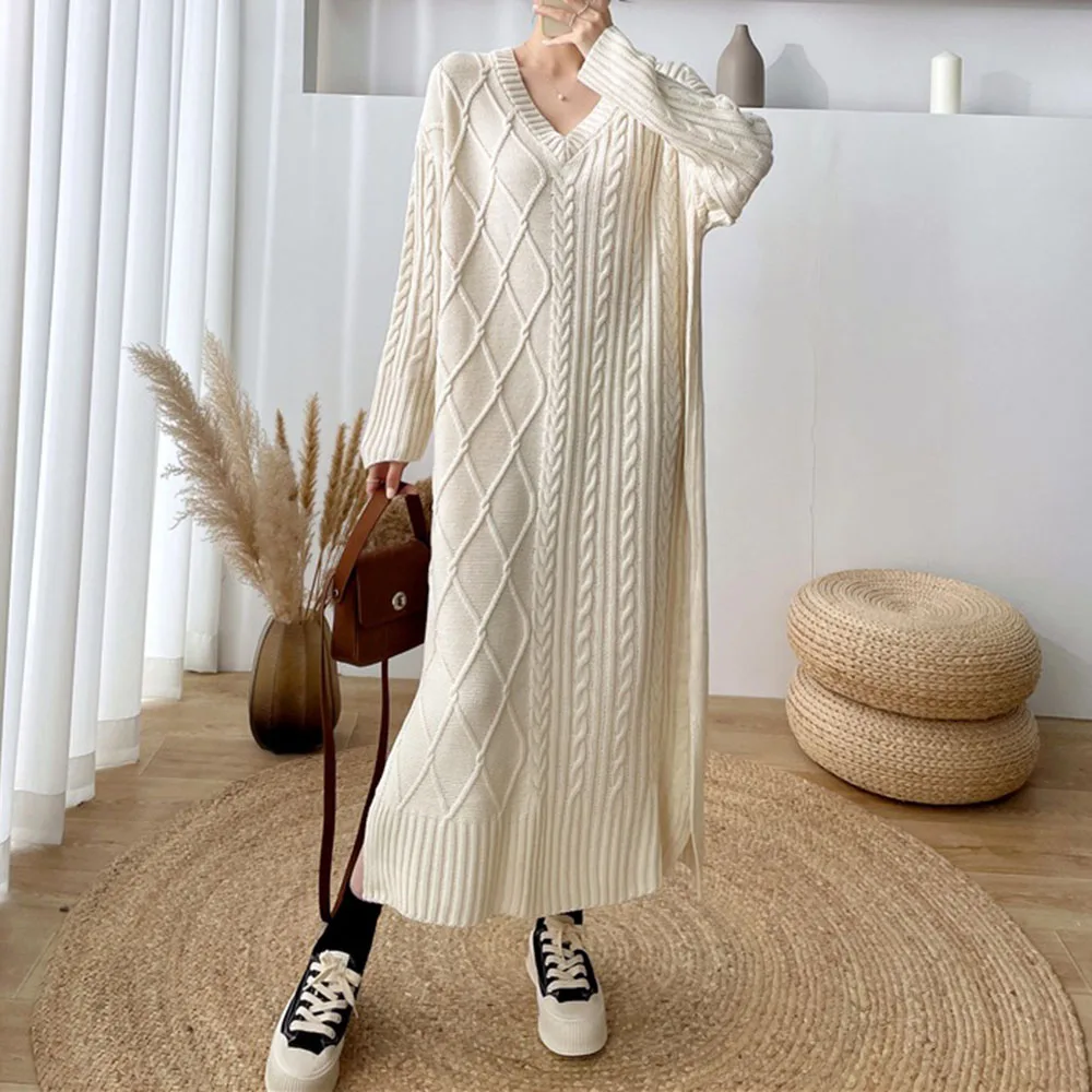 

Winter New Style 2021 Japanese And Korean Fashion Women's Solid Color Long-sleeved Irregular Twist Thickened Long Knitted Dress