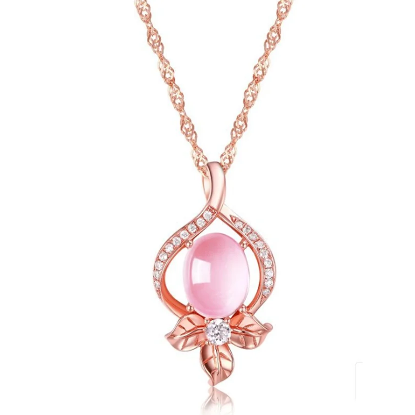 

FYJS Unique Rose Gold Color Leaf Oval Rose Pink Quartz Pendant with Cubic Zirconia Necklace Link Chain Jewelry